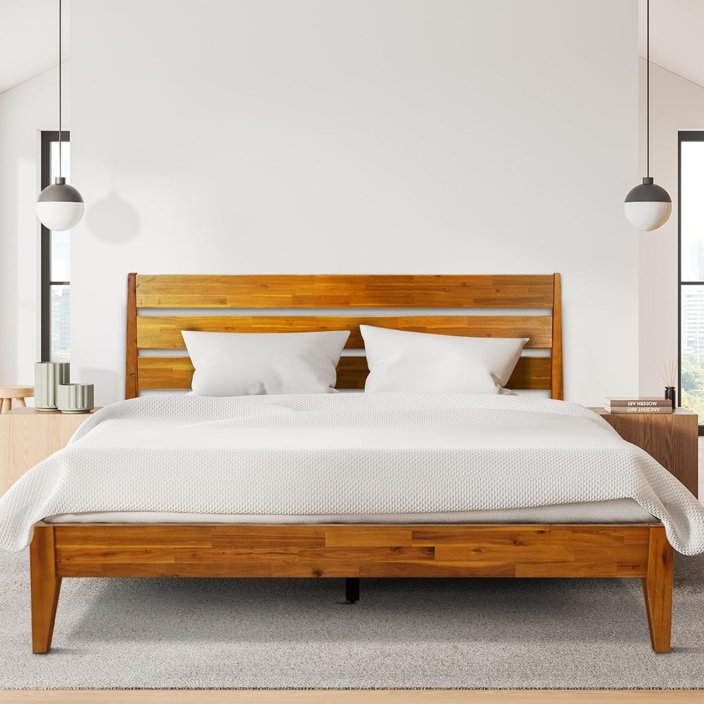 Acacia Emery Bed Frame with Headboard Solid Wood Platform Bed, Queen Bed Frame, Mid - Century Modern Wood Bed