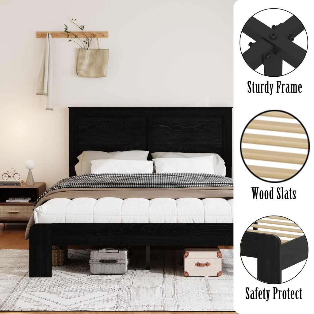 Wooden Bed Frame with Headboard, Farmhouse Platform Bed