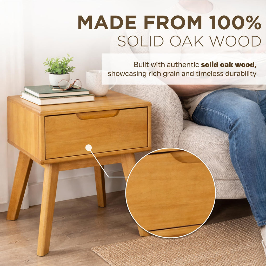 Scandinavian Nightstand Set of 2 - Pine Wood with Drawer