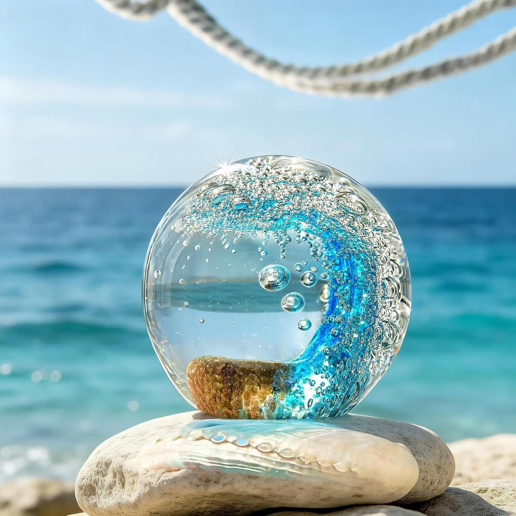 Hand Blown Glass Ocean Waves Ball Paperweight