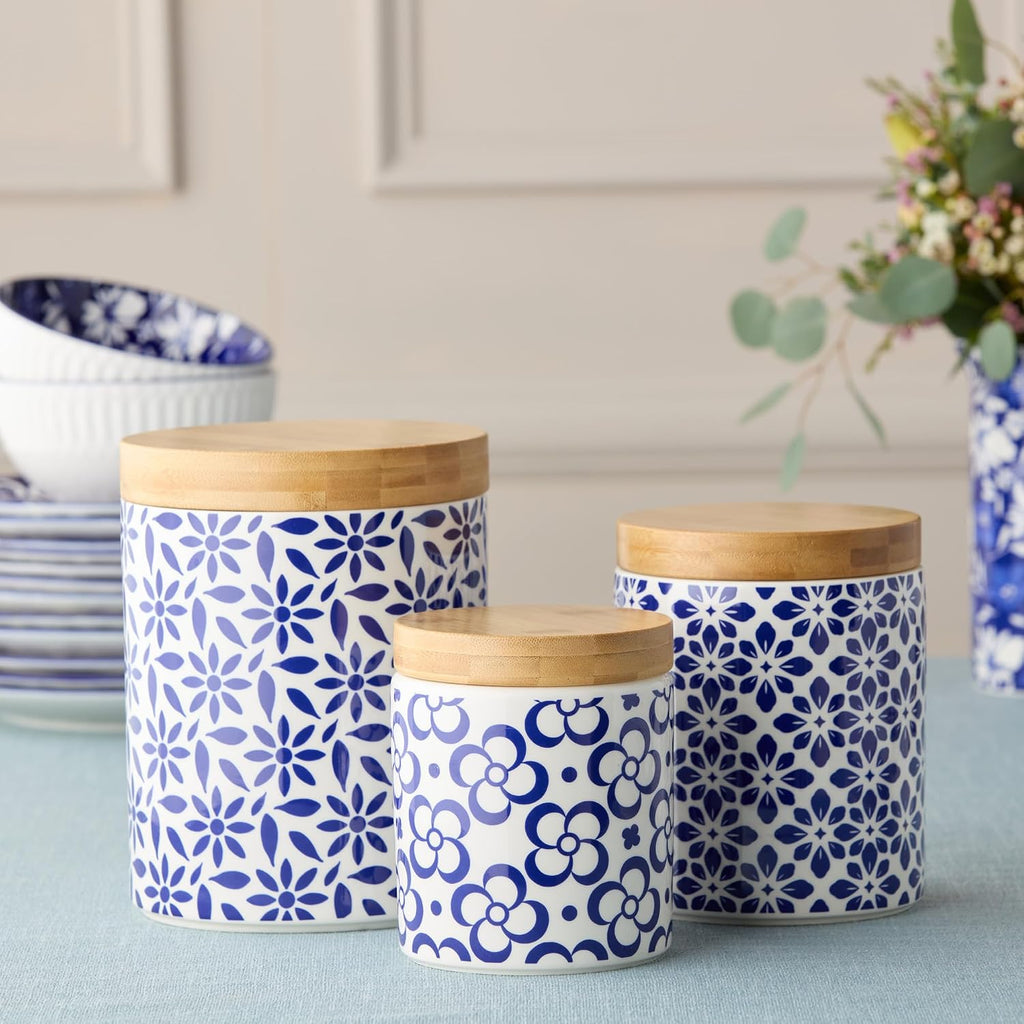 Madison Canister Set - Premium Porcelain with Bamboo Lids, Blue and White Patterns - Large 96 oz, Medium 80 oz - Set of 3