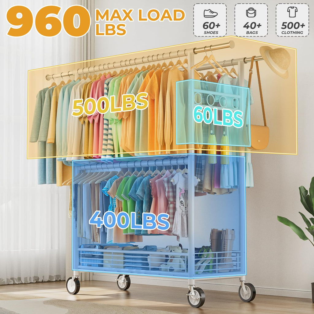 Heavy Duty Clothes Rack Load 960LBS, Three Rods Rolling Clothing Racks for Hanging Clothes, Rolling Garment Rack With