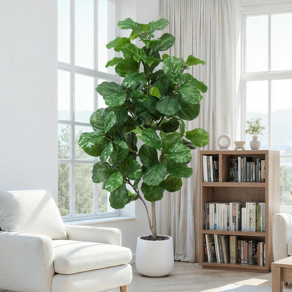 Faux Fiddle Leaf Fig Tree 6ft Tall Indoor Fake Tree in White Pot with 106 Leaves Artificial Ficus Lyrata House Plant