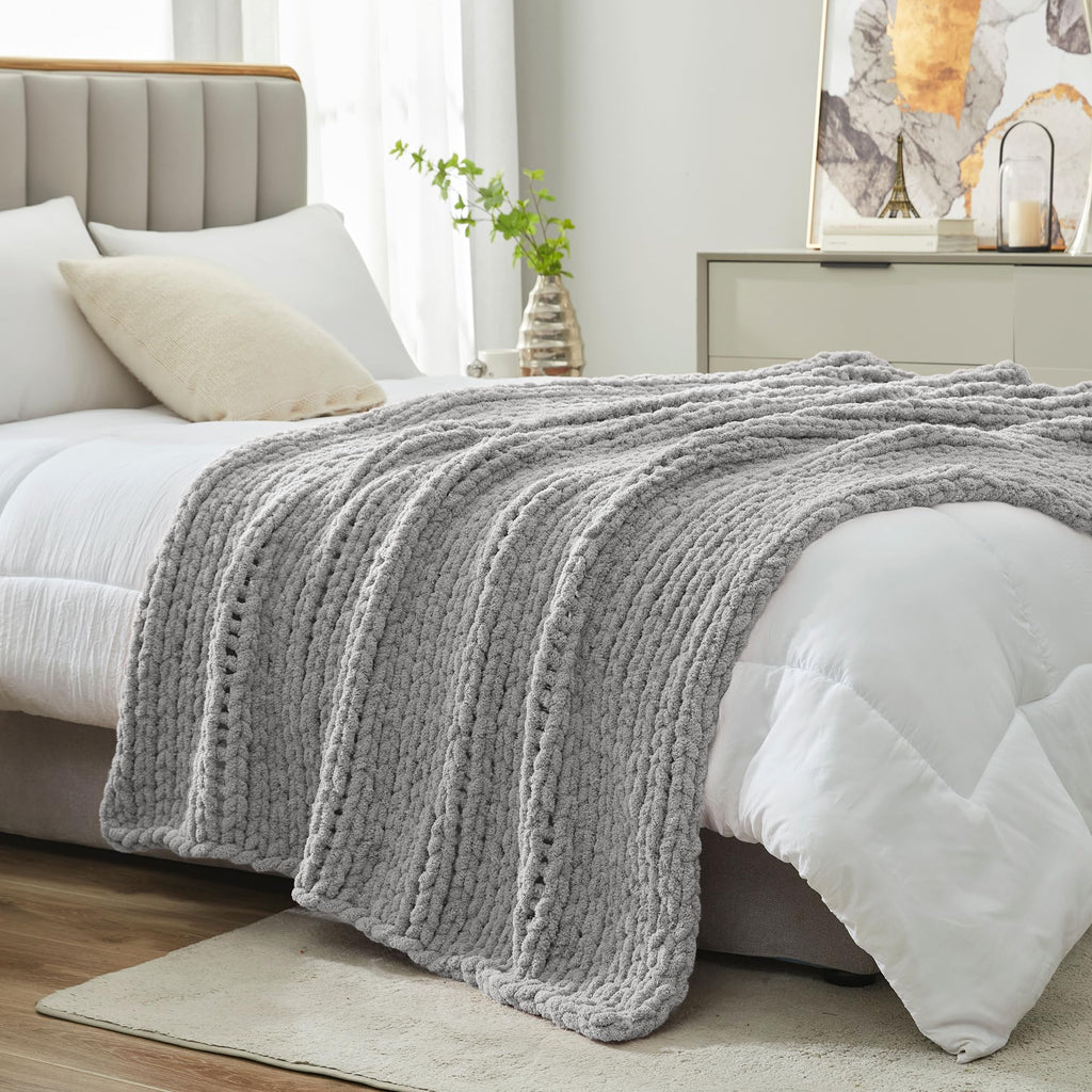 Chenille Chunky Knit Throw Blanket 50"x60", Light Grey