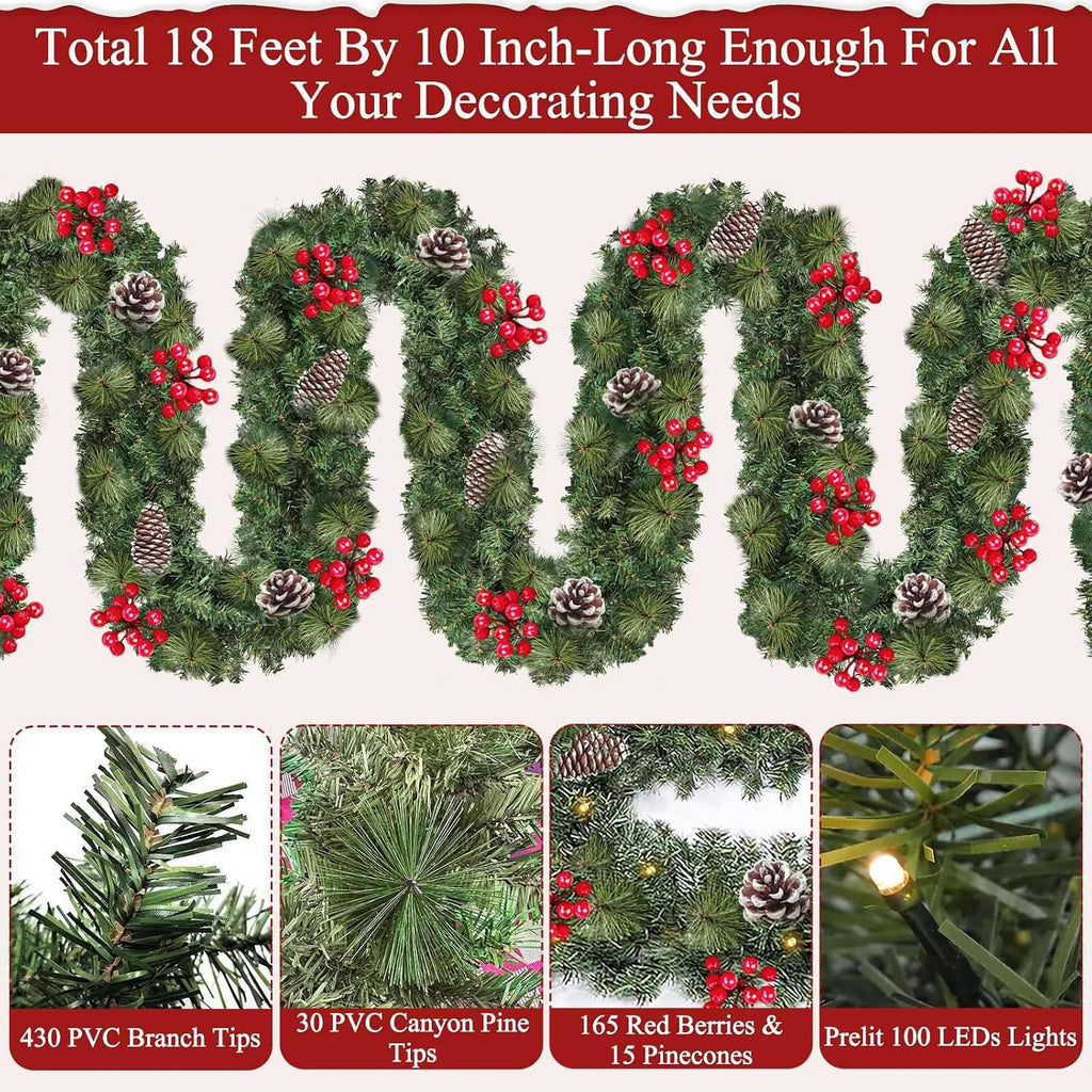 Remote Control&Extra Long&12 Modes-18 Ft Prelit Christmas Garland for Stairs Railing Mantle Front Door Porch Indoor