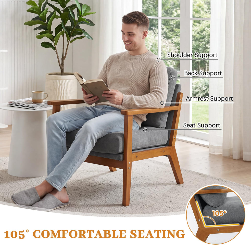 Mid-Century Modern Chenille Armchair, Walnut Frame Comfy Accent Chair, Grey