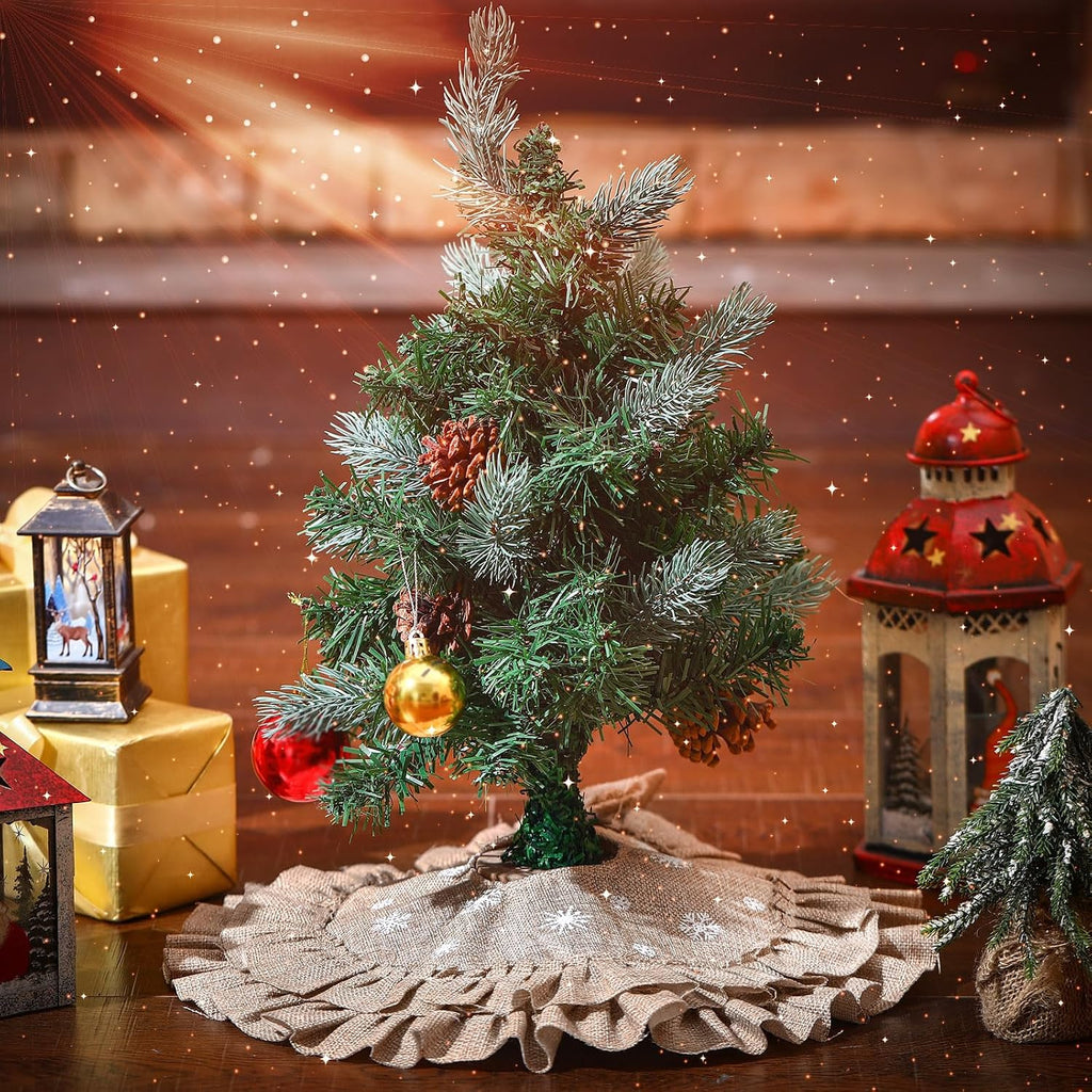 Inch Mini Burlap Christmas Tree Skirt Rustic Farmhouse Small Tree Skirt Linen Burlap Mat Printed with White - Set of 3