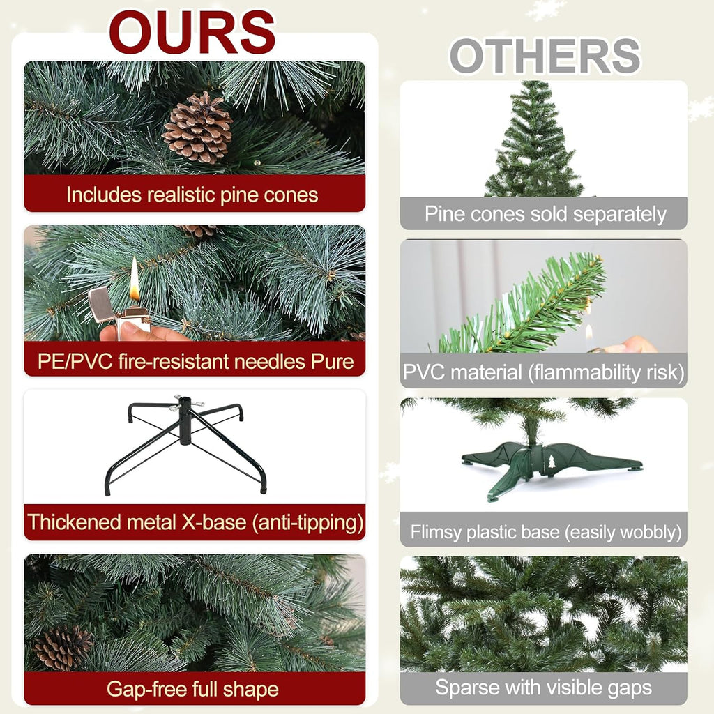 Blusxwish Snow Tips Prelit Christmas Tree with Pine Cones, Premium Artificial Xmas Tree with Warm White Lights