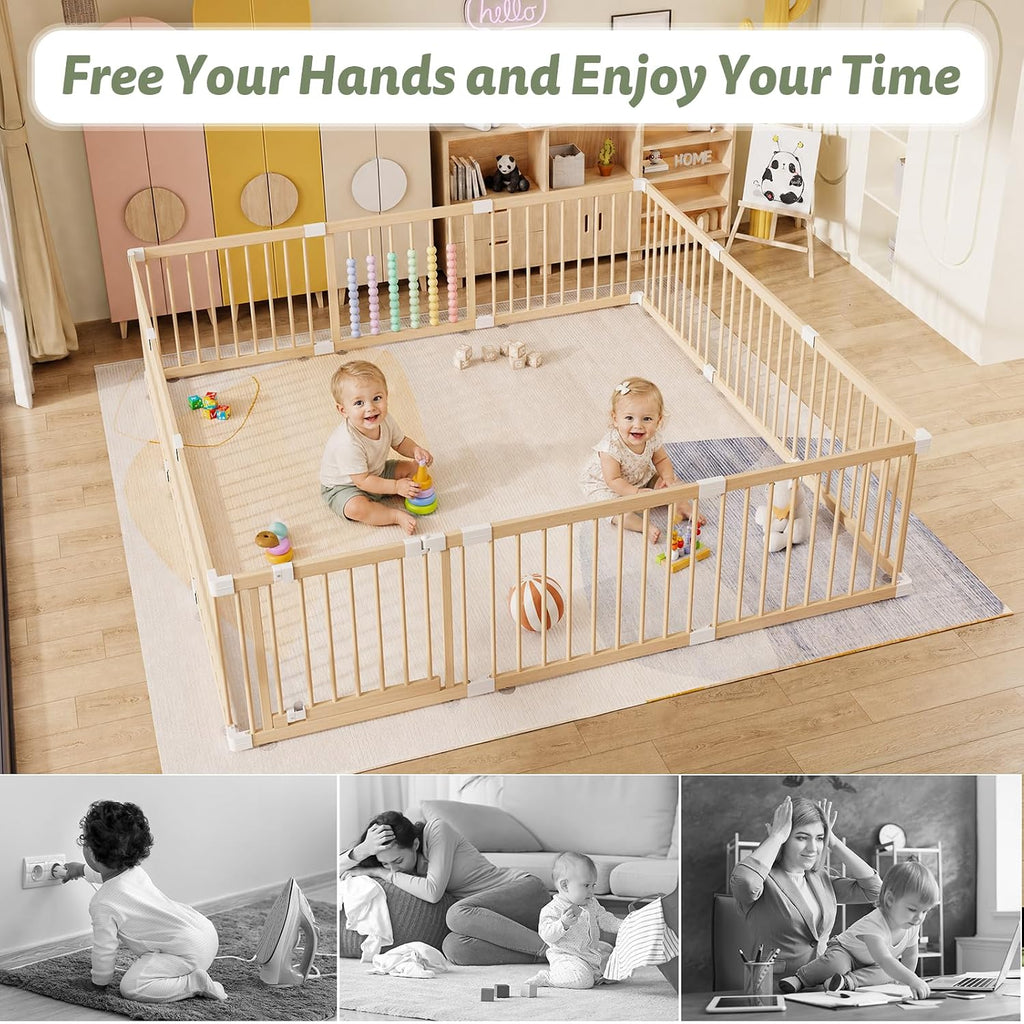 Wooden Baby Playpen, 12 Panels Fence for Babies and Toddlers 83"×83" | Size Adjustable Baby Play Yard with Locking