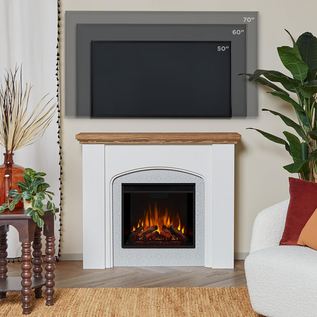 49 Inch Electric Fireplace with Mantel, Freestanding Fireplace Heater with Realistic Log and Flame Effect, Remote Control and Timer, White