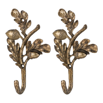 2PCS Acorn & Leaf Hooks, Vintage Gold Metal Wall Hooks with Intricate 3D Detail, Heavy Duty Robe Hat Hanger Bathroom