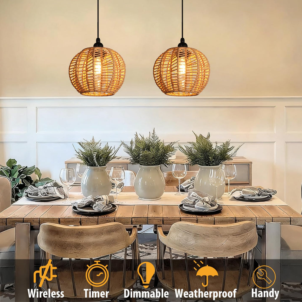 Battery Operated Chandelier, 2Pack Hanging Gazebo Lights, Cactus Shape Boho Rattan Pendant Lights Outdoor Waterproof
