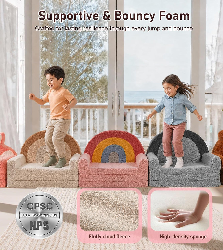 In-1 Extra Large Kids Couch Fold Out, Soft Kid Sofa for Playroom, Beige