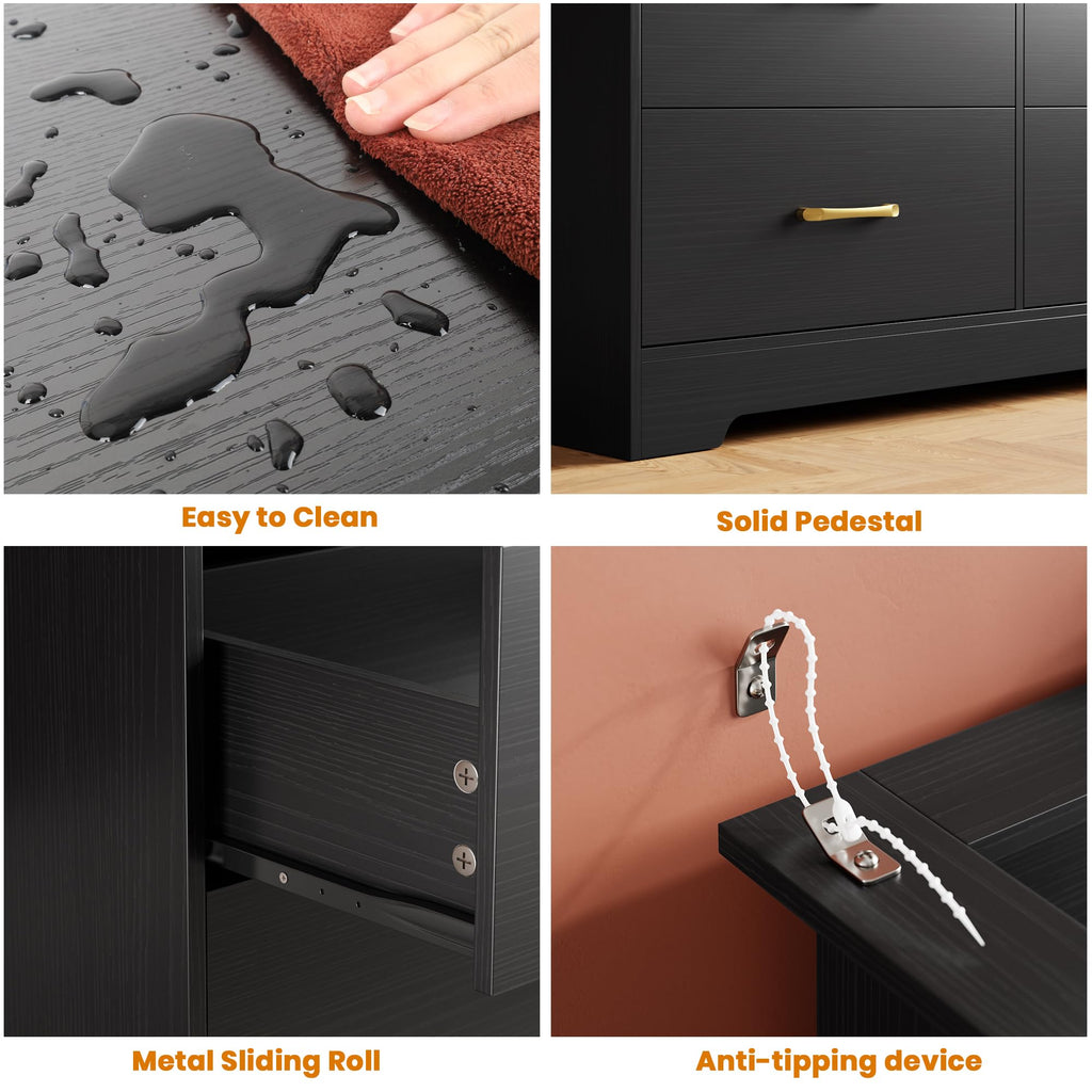 8 Drawer Dresser with LED Light and Charging Station, Black