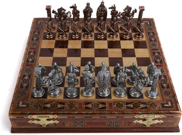 Medieval British Army Antique Copper Metal Chess Set for Adults,Handmade Pieces and Natural Solid Wooden Chess Board