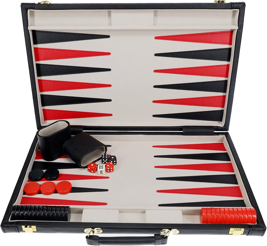 Backgammon Set, Elegant Black Leatherette Case, 21 x 12.5 in. Closed; 25 x 21 in. Open, Family and Adult Board Games