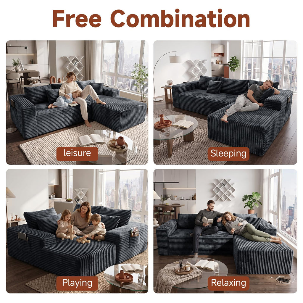 Couch ≈105inch, L-Shaped Sofa, Boneless Couch, with Chaise(Grey)