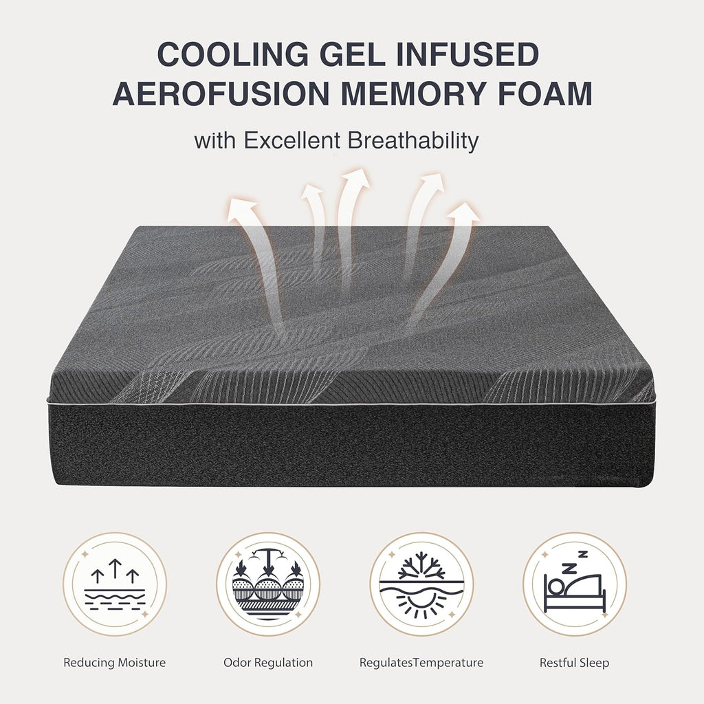 Queen Size Mattress 10 Inch Gel Memory Foam Medium | Cooling & Back Pain Relief, Fiberglass Free, CertiPUR-US