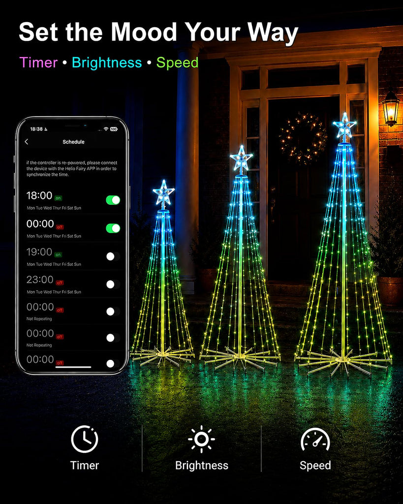 3-Piece Smart Outdoor Christmas Cone Tree Lights, 4FT 5FT 6FT