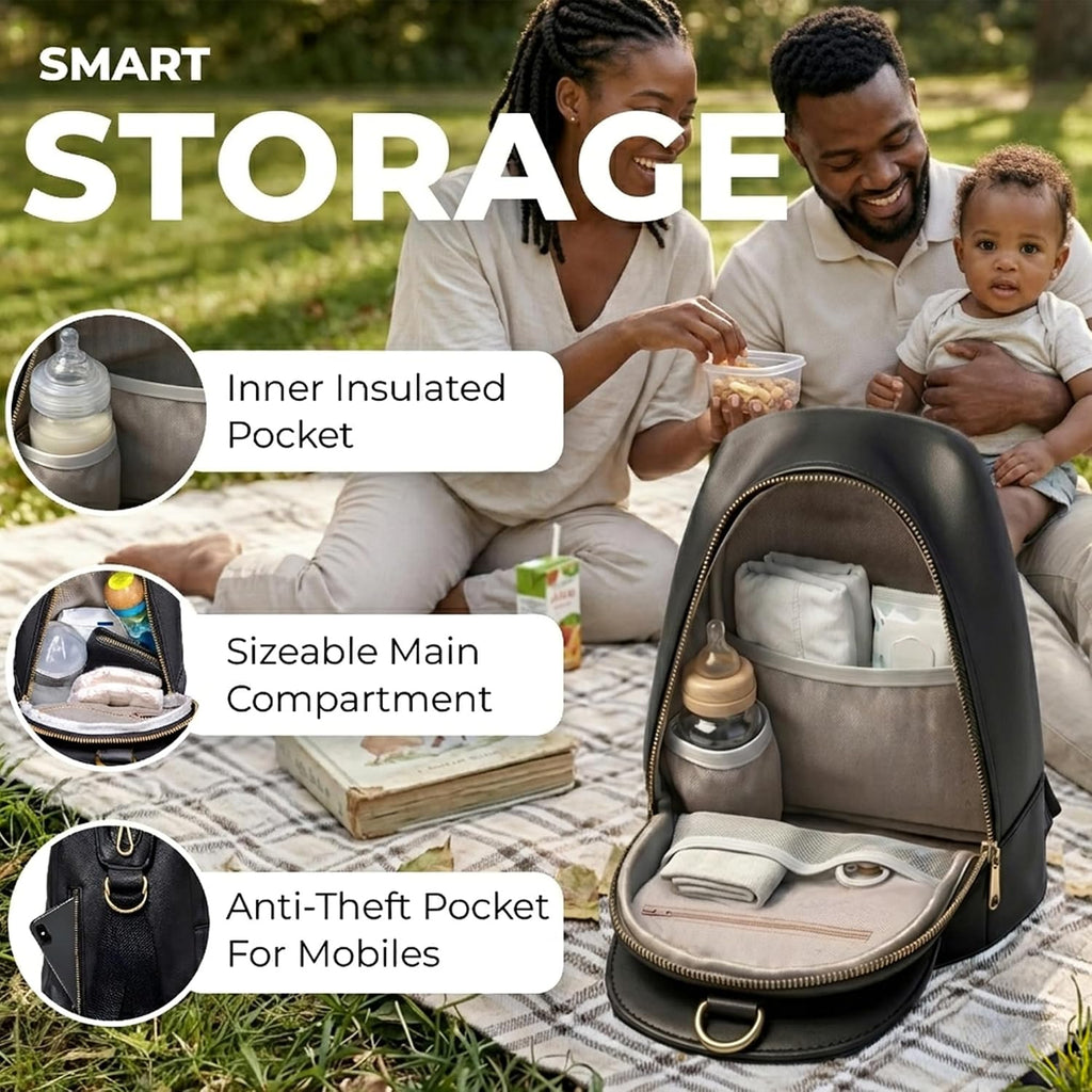 Handmade Mini Diaper Bag Backpack with 5 Pockets | 2 in 1 Convertible Crossbody Sling Bag for Moms | Vegan Leather &