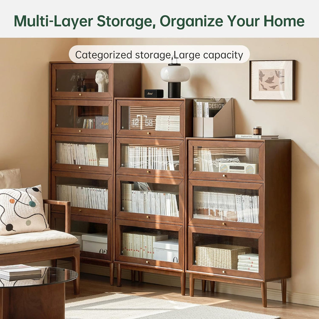 Solid Wood Bookshelf with Glass Flip-Up Doors, Vintage Display Cabinet, Solid Rubber Wood Combination Bookcase