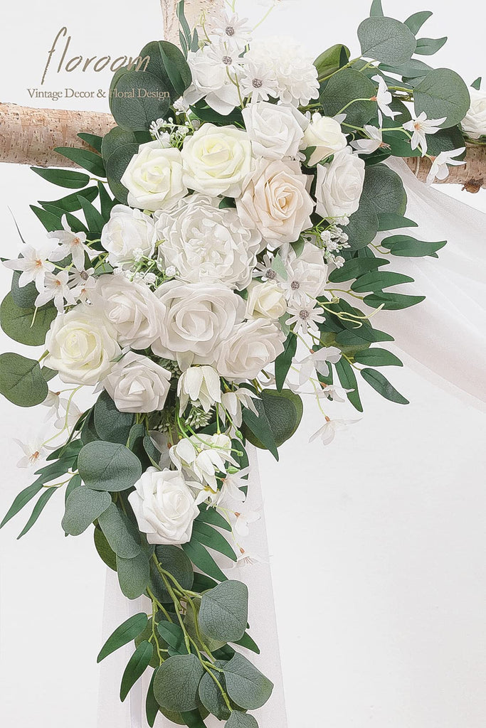 Arch Flowers with Drapes Kit (Pack of 4) - 2pcs Artificial Ivory & White Floral Swag Arrangement with 2pcs Draping