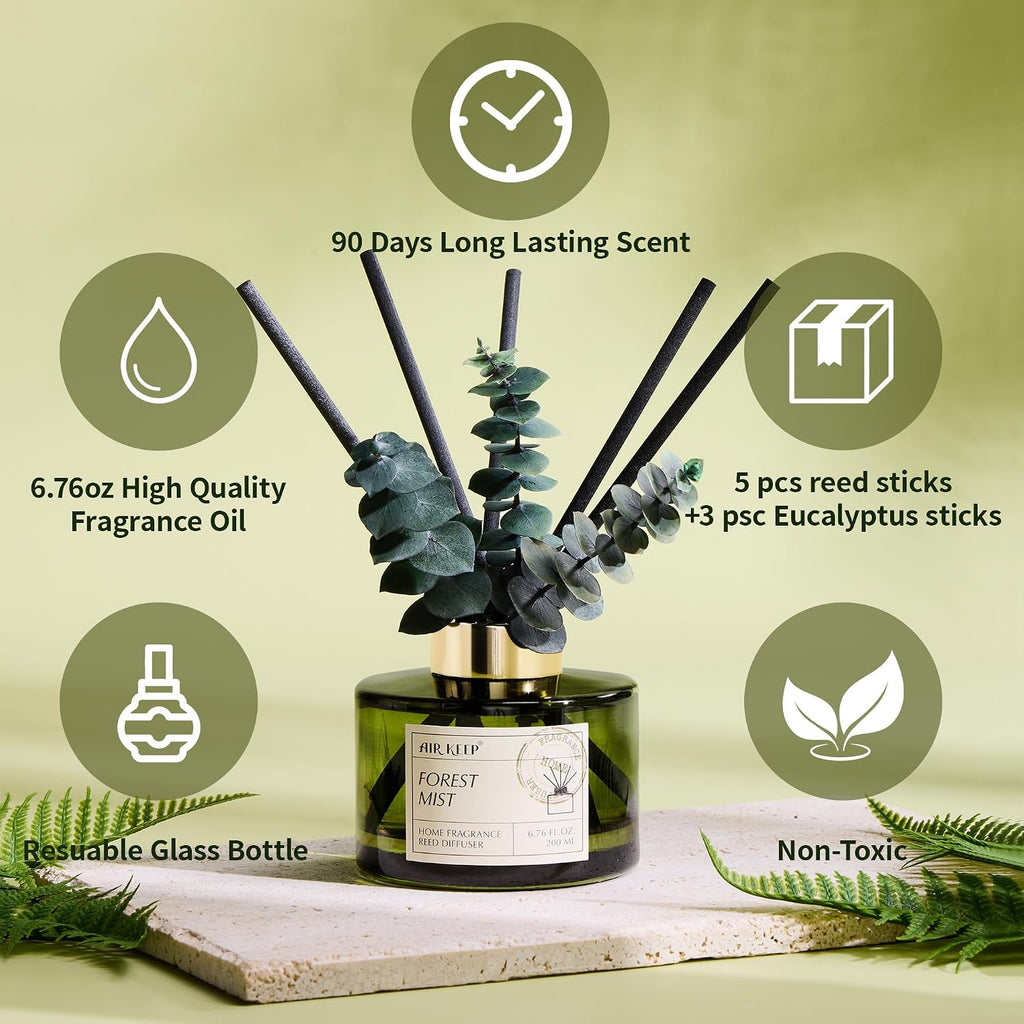 Reed Diffuser Set with 6.76 fl oz Forest Mist Scent Essential Oils and 3 Leaves & 8 Diffuser Sticks,Bathroom Shelf