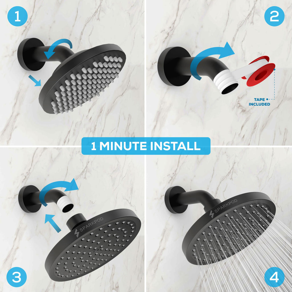 Rain Shower Head, 6 Inch Round, Midnight Black Matte Finish