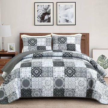 Grey Black Quilt Set Queen, Boho Plaid Patchwork Bedspreads Coverlet Set, 3 Pieces Soft Lightweight Microfiber