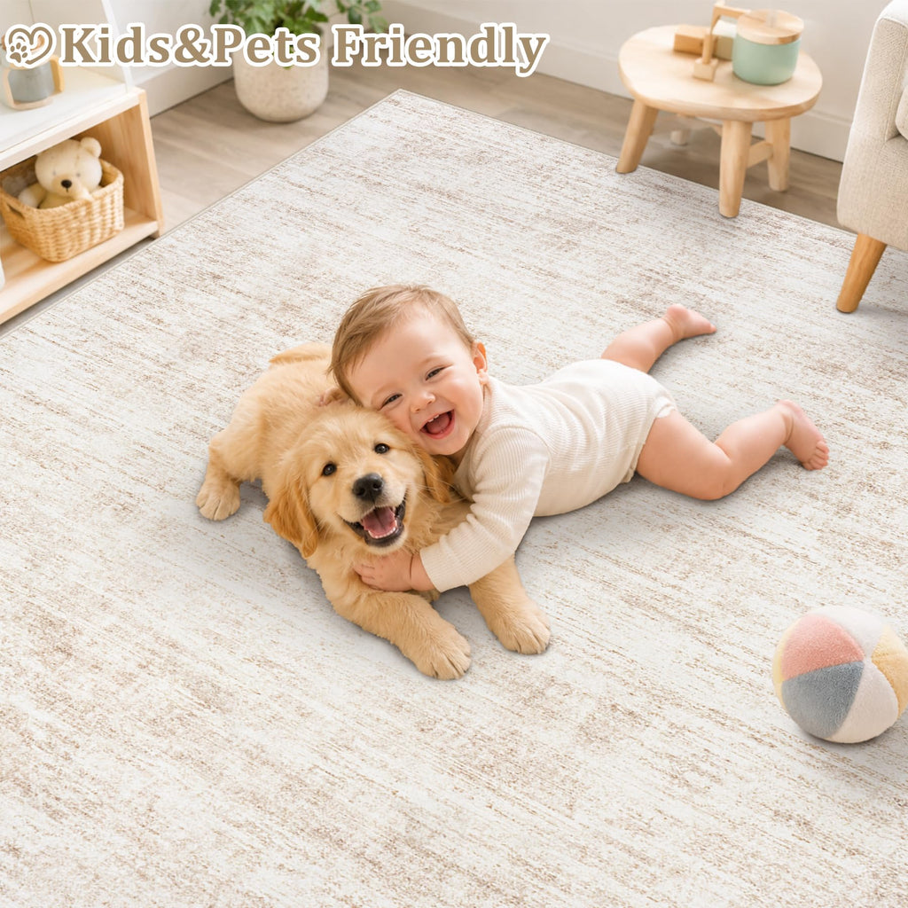 Area Rugs Washable Rug Neutral Abstract Beige Carpet