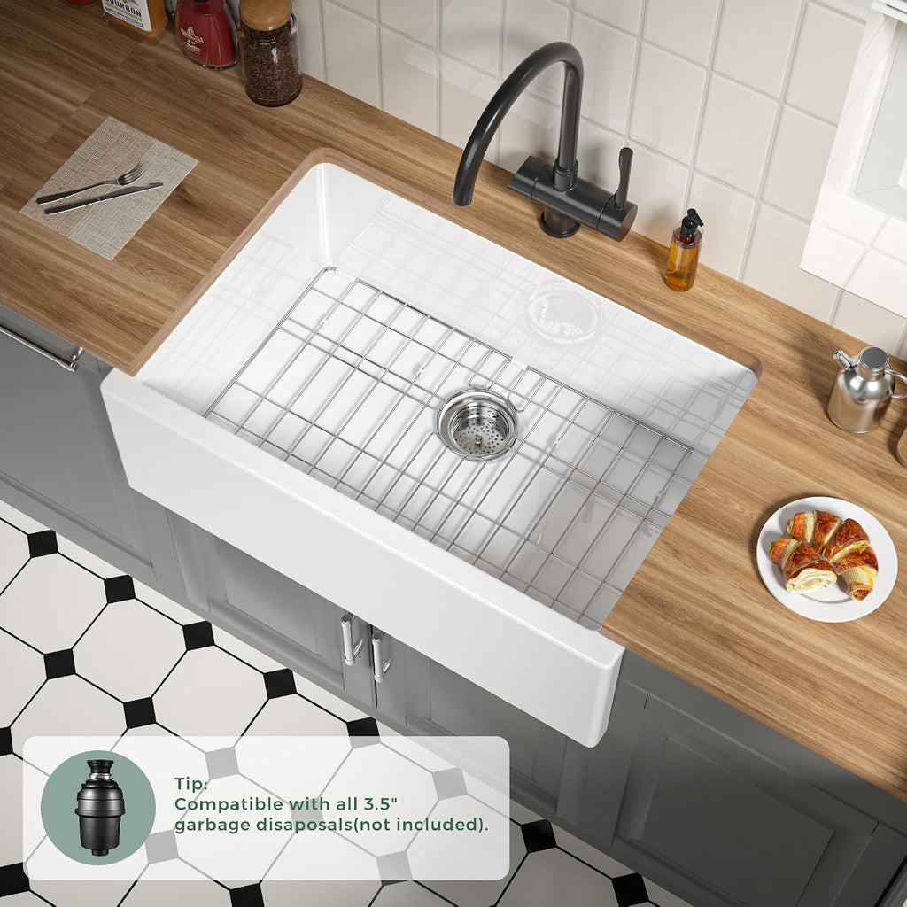 Self Trimming Farmhouse Sink 30 Inch, White Fireclay Kitchen Sink | Tall Apron Front 30"Wx20"Dx10"H , Heavy Duty,Farm