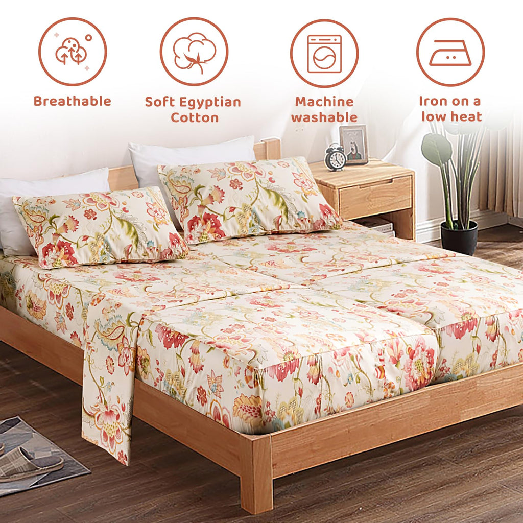 100% Egyptian Cotton Floral Sheets for Split King Size Bed, Red Yellow Flowers Plant Pattern Botanical Printed