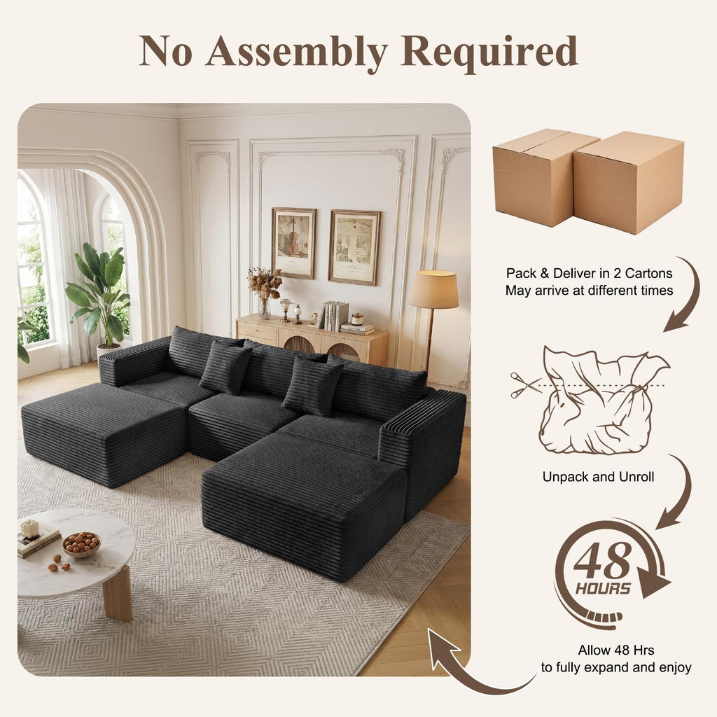 Boneless Couches - 110" U Shaped Modular Sectional Sofa with Ottoman Oversized Deep Seat Corduroy No Assembly Memory