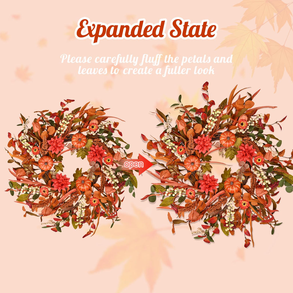 24 Inch Pumpkin Fall Wreath for Front Door with Berry & Mixed Leaves
