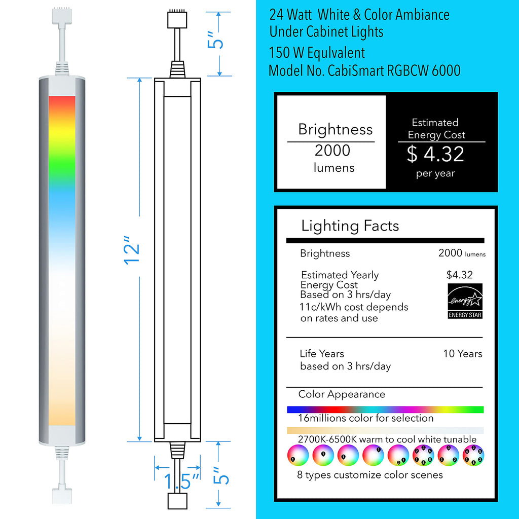 Smart LED Under Cabinet Lights, RGBW 6-Bar Kit