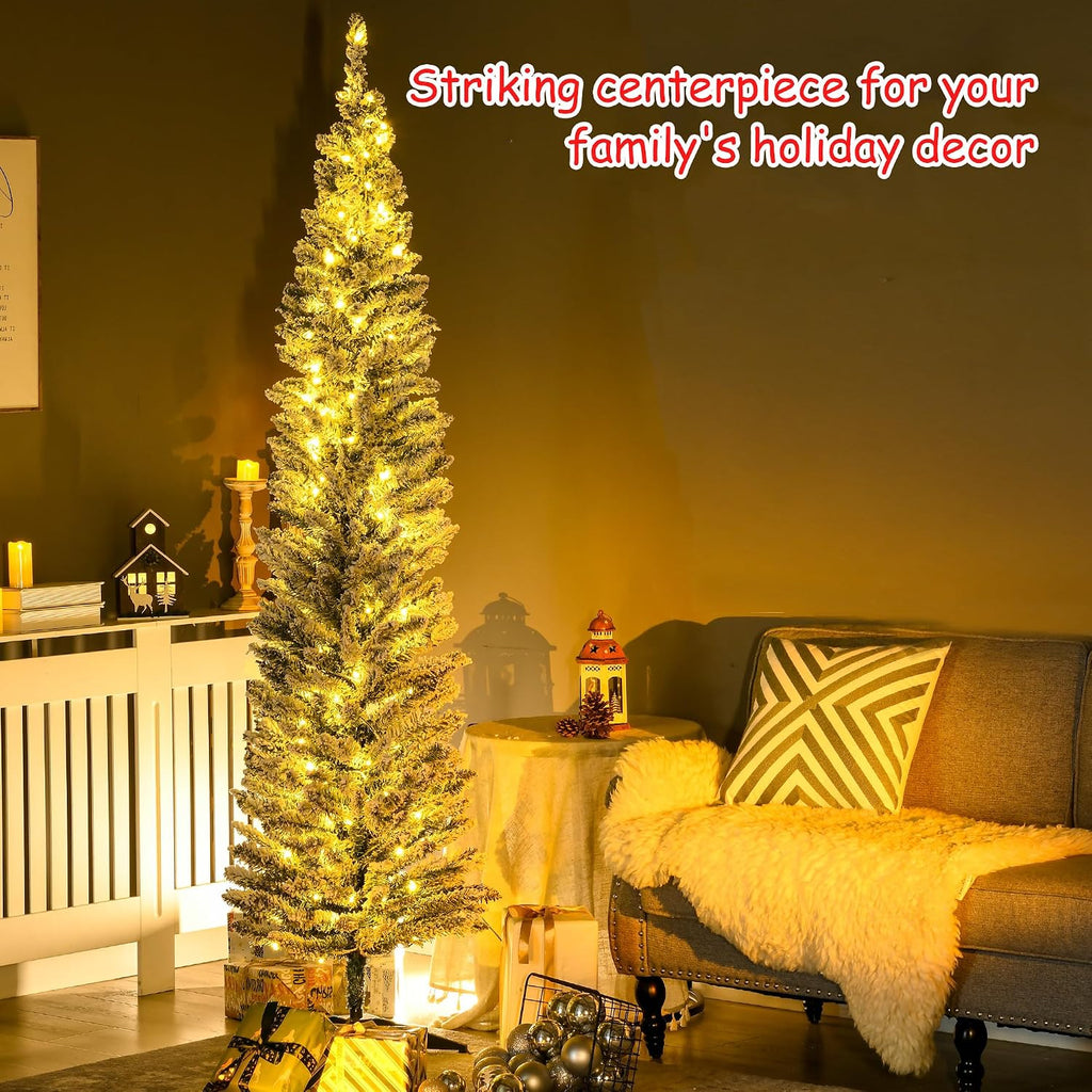 Pencil Christmas Tree 7' Tall Pre-Lit Slim Noble Fir Green | Artificial, 210 Warm White LED Lights, 499 Tips, for