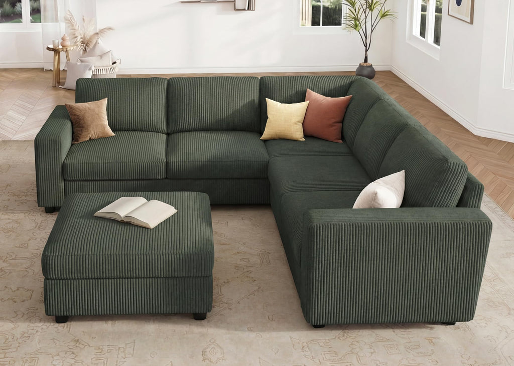 Corduroy Sectional Sofa with Storage Ottoman, 6 Seaters L Shaped Small Sectional Couch, Green