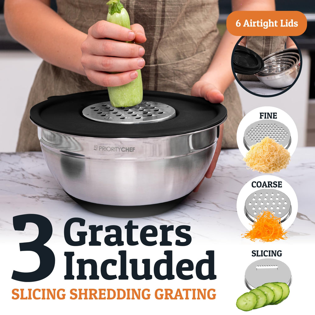 6Pc Stainless Steel Mixing Bowls with Lids Set, Huge 7 Qrt Size Metal Bowl Set, 3 Graters, Non-Slip Bases & Silicone