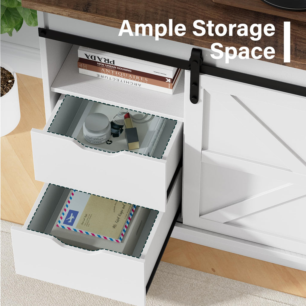 TV Stand for 65" TV, 4 Drawers, Sliding Barn Doors, Bright White