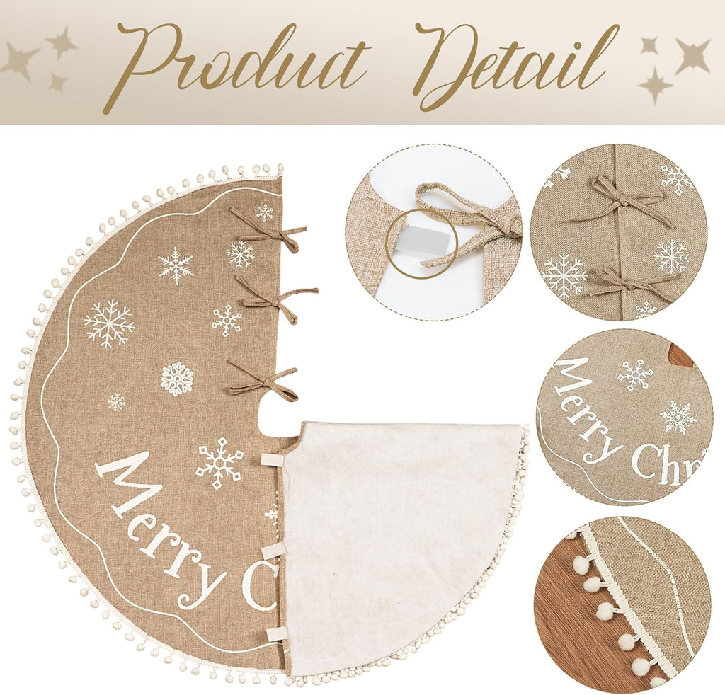Farmhouse Christmas Tree Skirt 48 inches with White Pom Pom