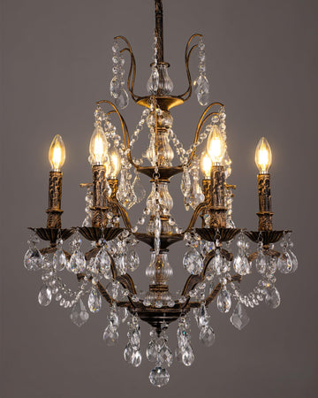 Vintage Chandeliers, 6-Light Rustic French Empire Crystal Chandelier, Antique Bronze High Ceiling Kitchen Light