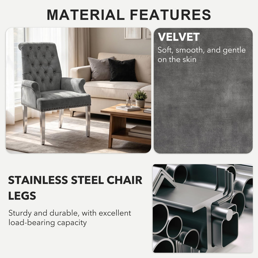 Velvet Dining Chairs with Arms, Upholstered Dining Room Chairs, Grey
