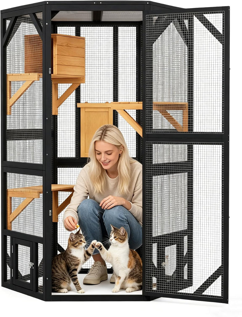 69.3 Inch Catio Outdoor Cat Enclosure, Hexagonal Tall Wooden Cat Catio