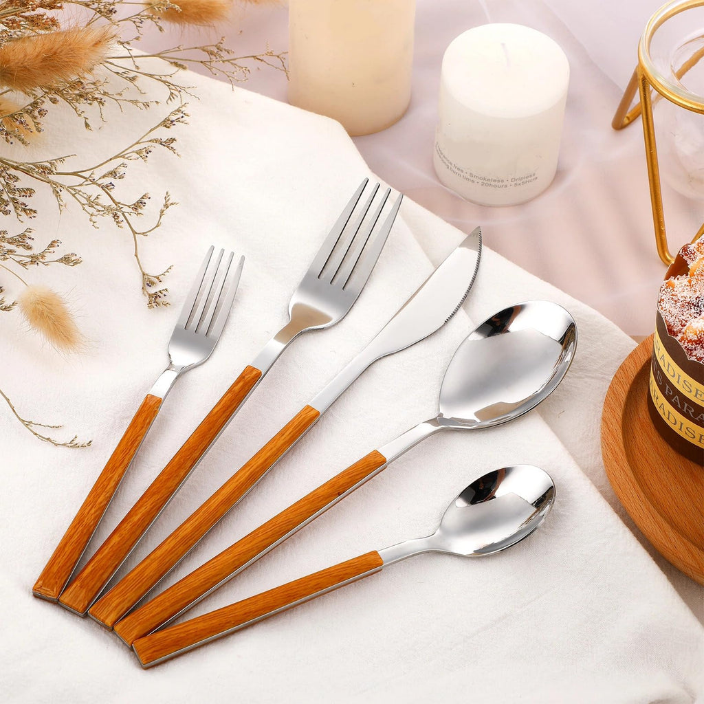 40 Pcs Wood Handle Silverware Set Stainless Steel Cutlery Set with Imitation Wood Grain Handle Silver Mirror Polished