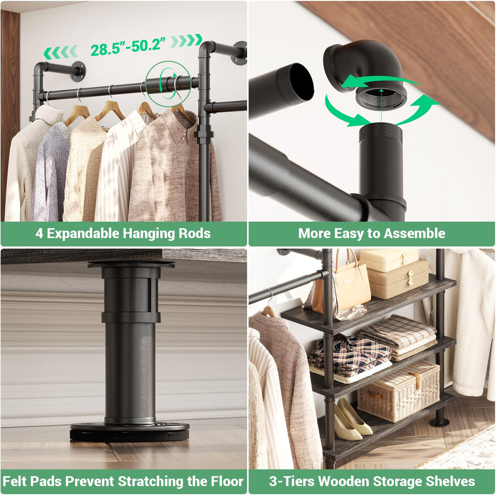 Expandable Industrial Pipe Clothing Rack, 7.3-10.9Ft Closet System