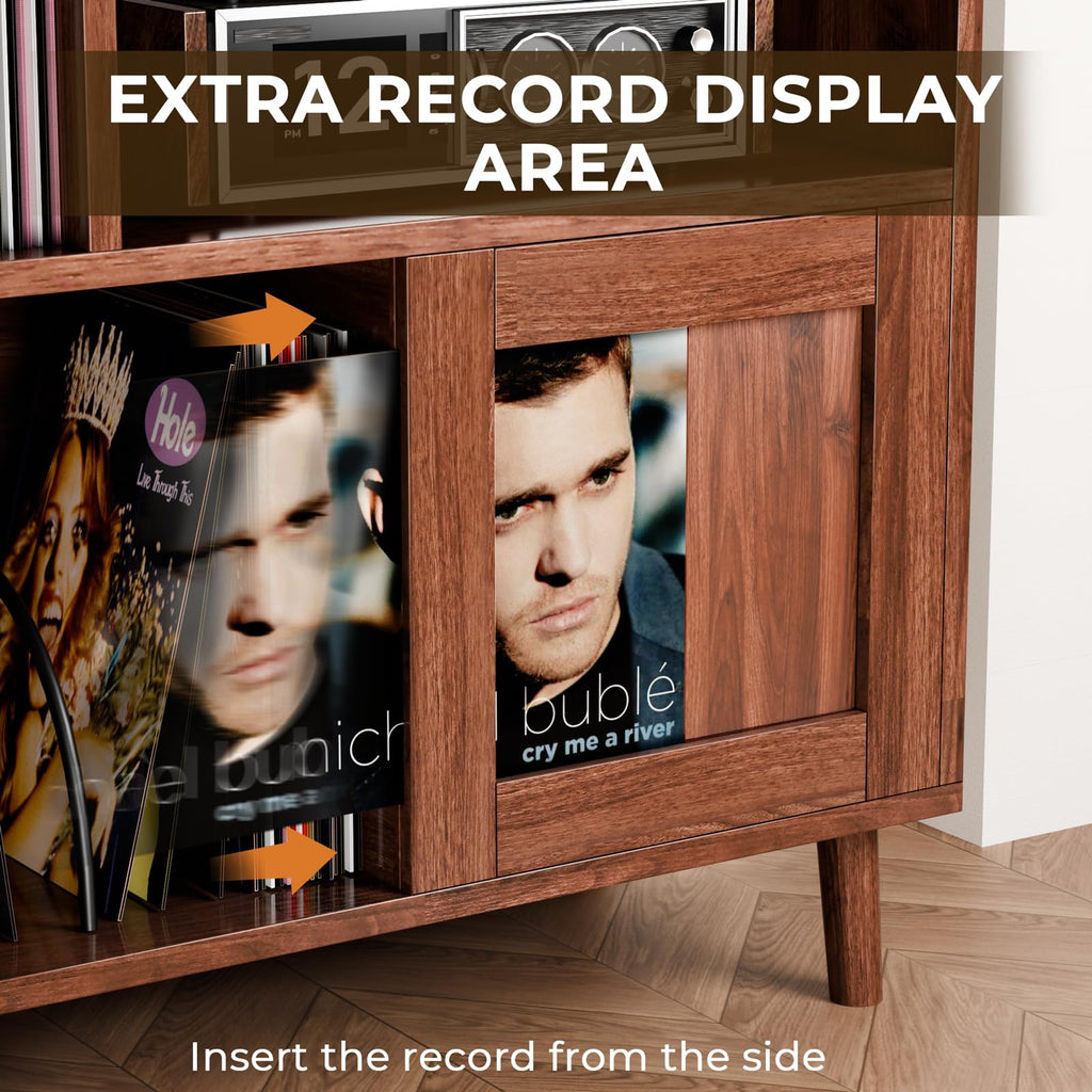 XL Record Player Stand with Sliding Doors, 500+ Vinyl Record Storage Cabinet