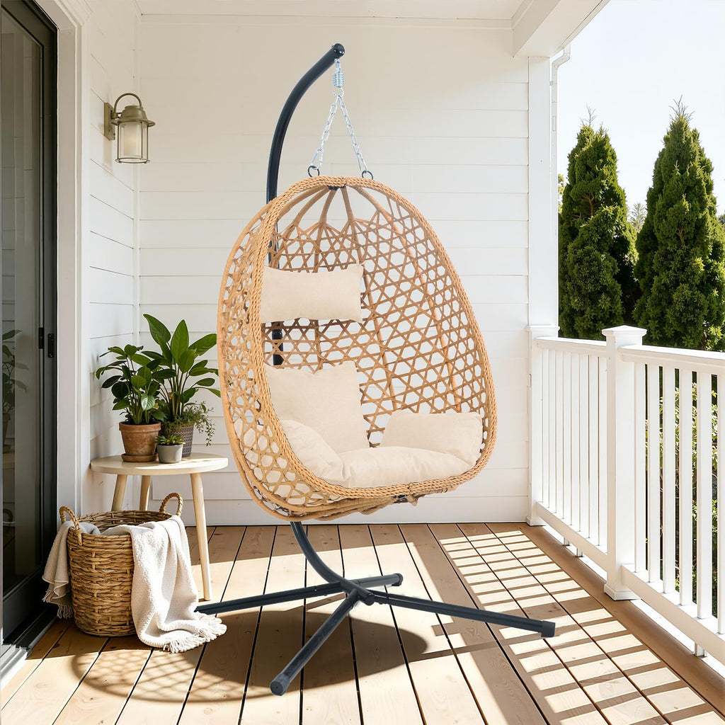 Hanging with Stand, 350LBS Capacity, Cream | HDPE rattan,Sturdy steel stand,Plush cushion,Easy