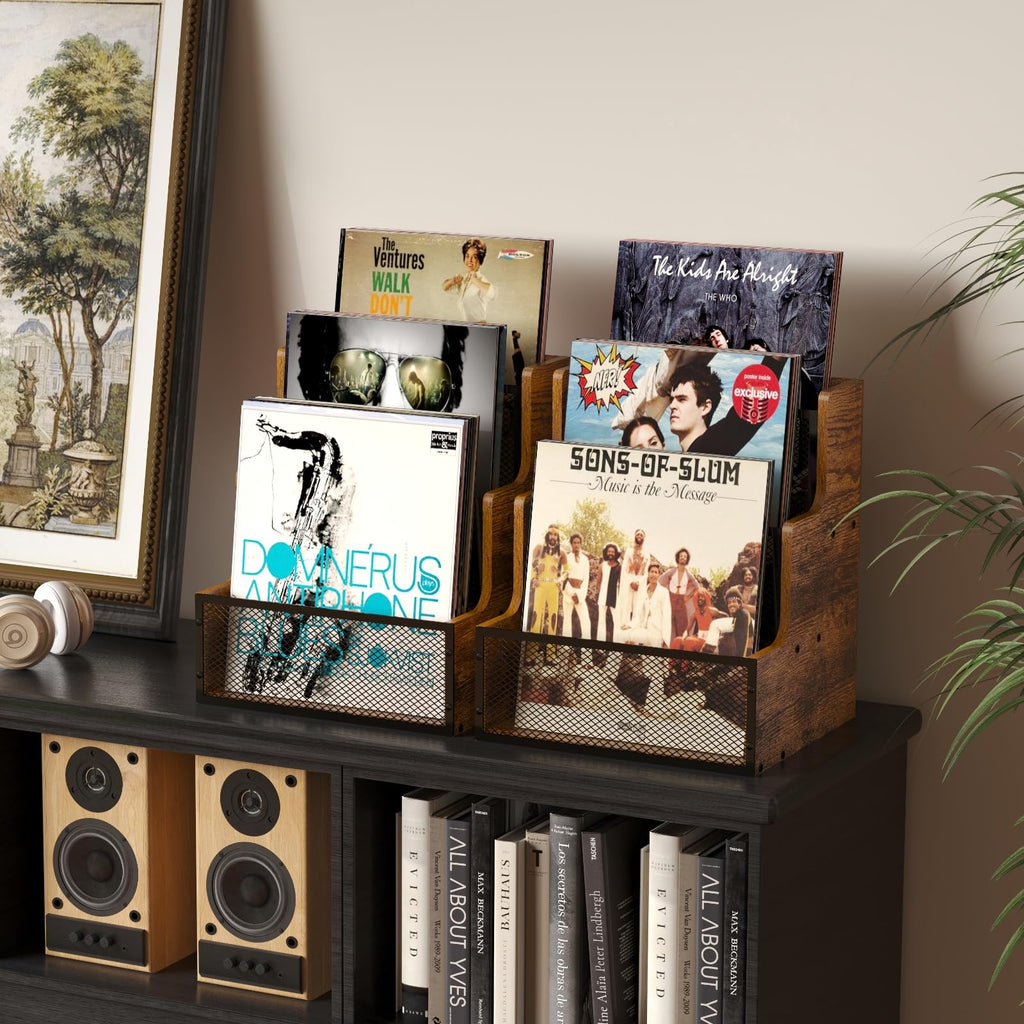 3-Tier Vinyl Record Storage Crate, Holds 60+ LP Albums, Retro Wood & Metal