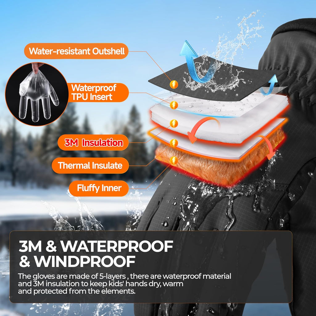 Kids Winter Gloves Ski Touchscreen Waterproof Warm for Boy Girl