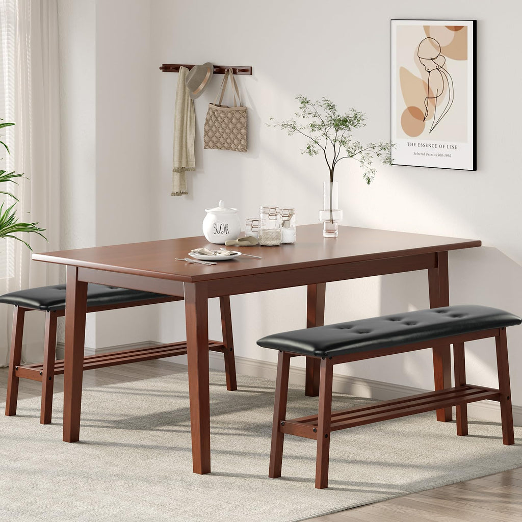 Padded Solid Wood Dining Table Bench with Shoe Rack Storage Walnut